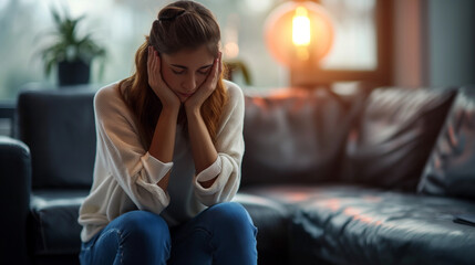 Obraz premium Woman worried, depressed, sad, looking down