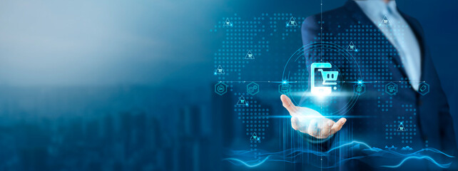 E-commerce: Businessman Holding E-commerce on Global Technology Network, Transactions, Convenience, Growth, Global Reach.