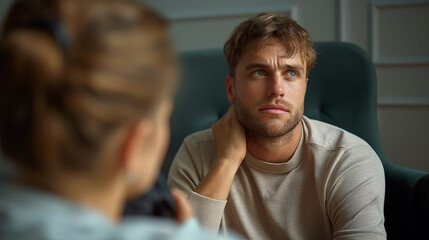 portrait of a man at psychologist session, man worried to hear answer