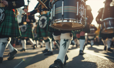 Scottish Drummers in Traditional Kilts Performing on St. Patrick's Day - obrazy, fototapety, plakaty