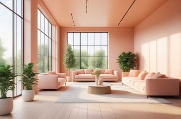 empty living room with lots of sun light and space, big windows, fresh plants, comfy couches. no people