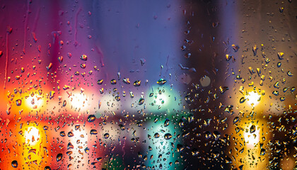 raindrops on the glass on the background of multicolored shapes windows with night lights, abstract view, atmospheric vertical photo