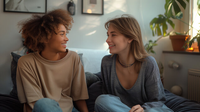 two girl friends chatting indoors, home, togetherness, lgbt