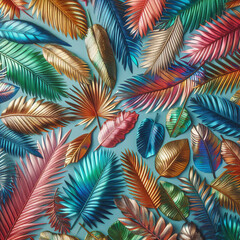 Fototapeta na wymiar A mesmerizing pattern of tropical leaves, each painted in enchanting holographic hues. The image is a visual symphony of color and nature, perfect for adding a touch of magical realism to any space.