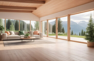 Obraz premium abstract empty hall, light timber floor, big windows, natural views, fresh plants, no people