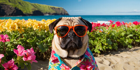Embodying the spirit of summer, a cute pug sports sunglasses and a Hawaiian shirt on a picturesque beach. This image captures the essence of a carefree, tropical vacation. - obrazy, fototapety, plakaty