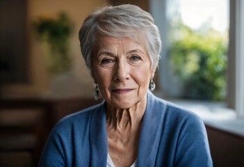 Indoor head shot portrait of serious positive old women
