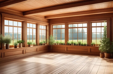 large airy space decorated with natural timber walls, floor and ceiling. big windows with natural view, fresh plants, lots of empty space, no people