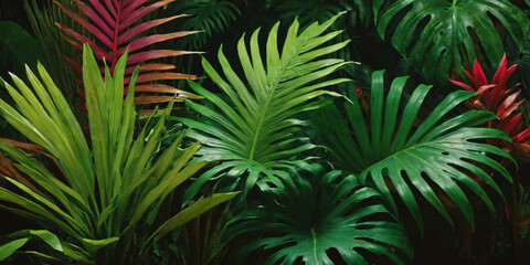 This captivating image captures the essence of tropical foliage bathed in the glow of neon lights. This image is a testament to the beauty of nature.