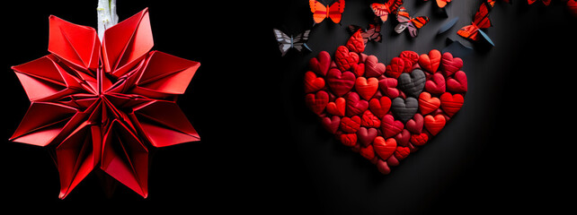 heart made of paper hearts on a dark wooden table with a big flower and paper butterflies