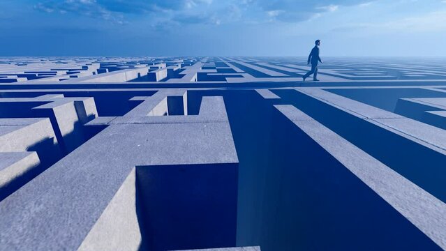 Back view of business people walking on a three-dimensional maze