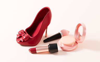 Red high-heeled shoes and cosmetics, female product, 3d rendering.