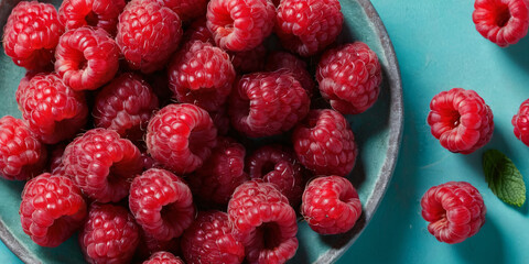 An overhead shot of ripe raspberries, their radiant red hue and intricate textures beautifully captured. The image exudes freshness and natural beauty, making it an ideal choice for culinary.