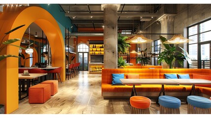 Global marketplace office with culturally diverse workspaces and international cuisine options, large, scale workplace design - obrazy, fototapety, plakaty