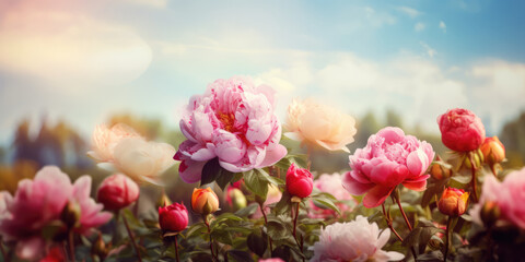 Peony flowers. Beautiful blooming peonies on the background of blue sky. Beautiful floral background for greeting card for Birthday, Mother's day, Woman's day, 8 march, Wedding