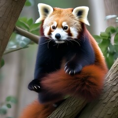 A close-up of a red panda climbing a tree, its fluffy tail trailing behind2
