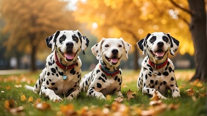 Funny and adorable pack of Dalmatian dogs playing on the lush autumn grass at a park