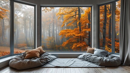 Inviting modern bedroom design with a cozy seating area and a large bay window providing a panoramic view of a forest in autumn, Scandinavian style