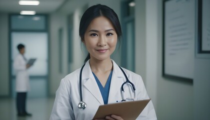female Asian doctor, nutritionist in hospital, clinic. Friendly and similing - obrazy, fototapety, plakaty