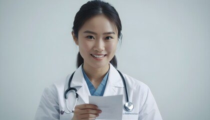 female Asian doctor, nutritionist in hospital, clinic. Friendly and similing - obrazy, fototapety, plakaty