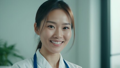 female Asian doctor, nutritionist in hospital, clinic. Friendly and similing