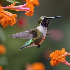 Fototapeta premium A close-up of a hummingbird feeding from a bright orange flower3