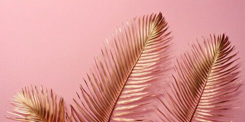 A serene composition of golden palm leaves against a soft pink backdrop. The image exudes a...
