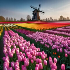 A traditional Dutch windmill standing tall in a field of colorful tulips5