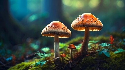 Fantasy enchanted fairy tale forest with magical Mushrooms background AI Generated - obrazy, fototapety, plakaty