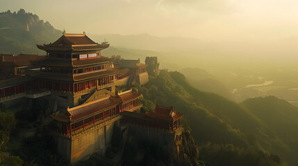 Taoist temple perched on a hilltop with panoramic views of the valley - obrazy, fototapety, plakaty