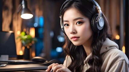 A young Asian woman is using headphones and a microphone to stream live podcasts and evaluate them on social media,