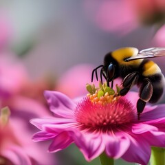 A close-up of a bumblebee collecting nectar from a bright pink flower4 - obrazy, fototapety, plakaty