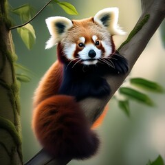 A close-up of a red panda climbing a tree, its fluffy tail trailing behind1 - obrazy, fototapety, plakaty