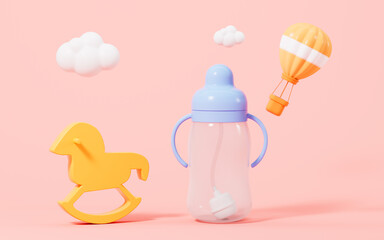 Baby feeding-bottle and hobbyhorse, baby product, 3d rendering.
