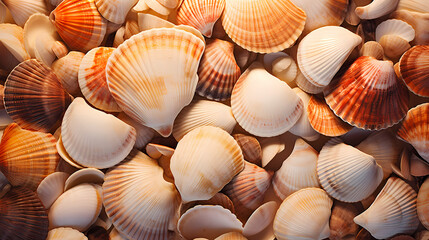 Warm sunset lights up beautiful seashells on the beach