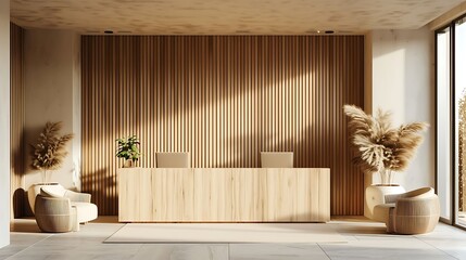 Scandinavian minimalist reception front desk design with clean lines and natural wood finishes