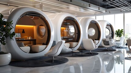 Space station inspired office with futuristic pods and zero, gravity chairs, modern office interior design - obrazy, fototapety, plakaty