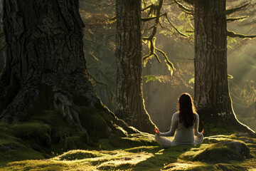 A woman meditating in a tranquil forest clearing