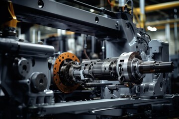 Fototapeta premium Detailed perspective of an industrial slider in action amidst the hum of a busy factory