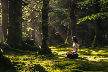 A woman meditating in a tranquil forest clearing - obrazy, fototapety, plakaty