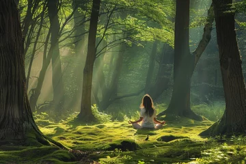 Muurstickers A woman meditating in a tranquil forest clearing © Veniamin Kraskov