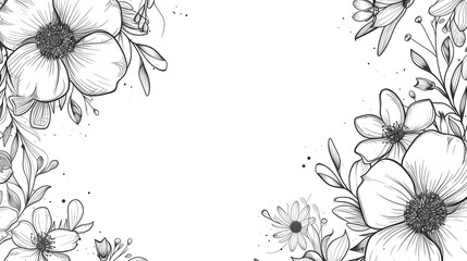 abstract floral background in line art style on a white background with copy space