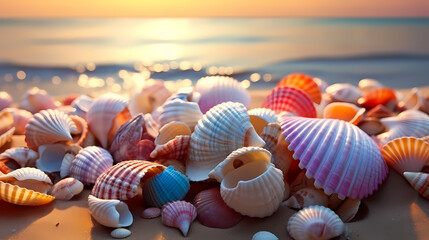 Warm sunset lights up beautiful seashells on the beach