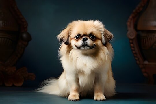 puppy on a blue background, A glossy Pekingese dog of purebred, Affenpinscher Dog, canine picture, dog portrait photographed up close, A adorable brown dog portrait of a small pet at home pet's