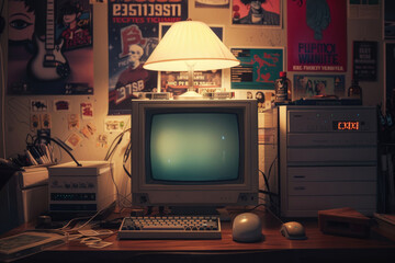 A vintage computer setup with '90s memorabilia
