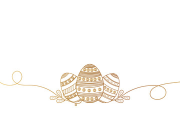 Golden Continuous line Easter eggs. Seamless vector border pattern with eggs for Easter Day. Horizontal narrow banner Easter concept. Vector illustration.