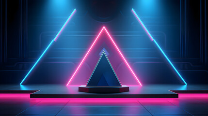 Empty podium with curtain on background and neon blue and pink triangles around.