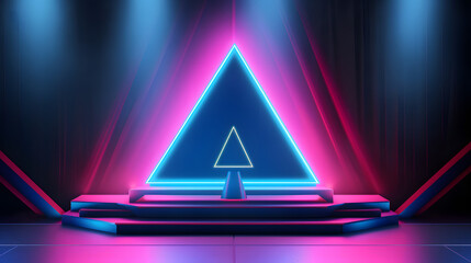 Empty podium with curtain on background and neon blue and pink triangles around.
