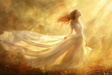 A woman in a flowing dress basking in sunlight