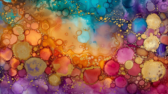 Alcohol Ink large watercolor bubbles design, glitter, effects in the style of layered vibrancy. 
